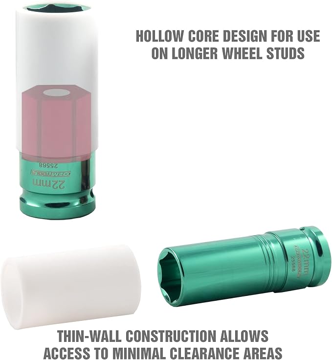 OEMTOOLS 25568 1/2 Inch Drive 22mm Non-Marring Lug Nut Socket, Protects Lug Nuts from Damage, Color-Coded and Clearly Marked Tire Removal Tools, Hex Sockets