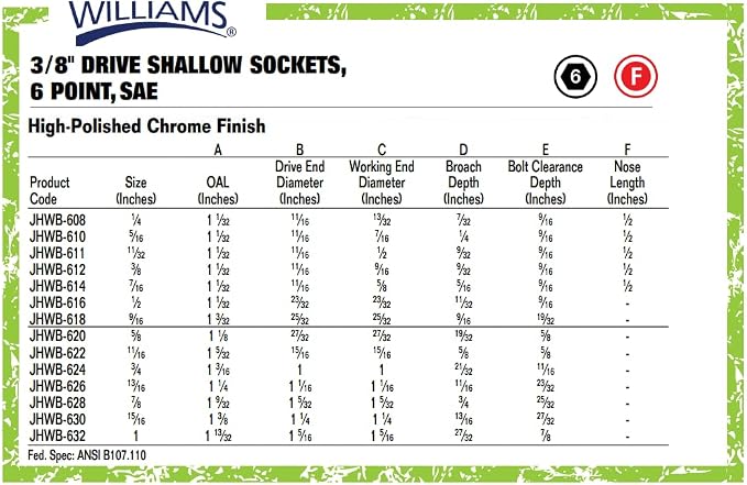 Williams B-628 3/8 Drive Shallow Socket, 6 Point, 7/8-Inch