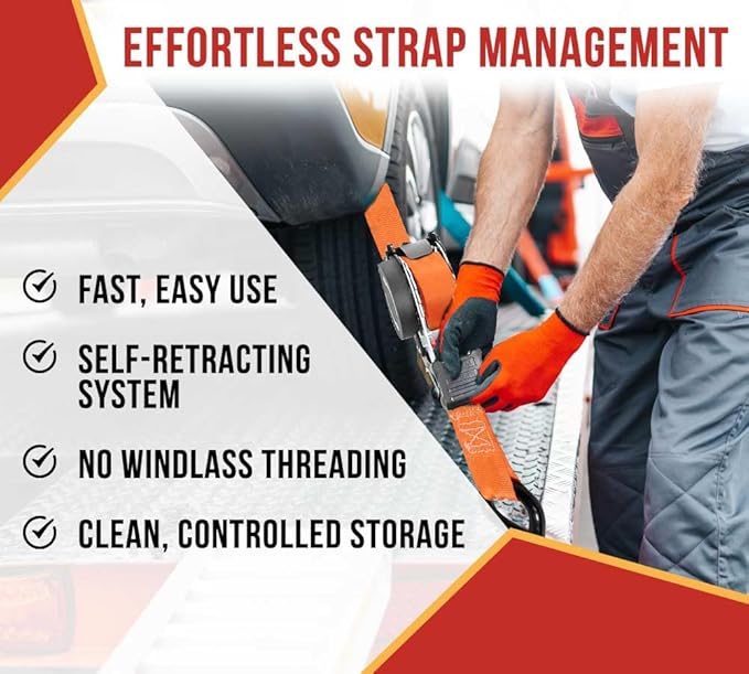 Mytee Products 4 Pack 1''x10' Bolt on Orange Retractable Ratchet Straps for Cargo - Coated S Hook Auto Retract Ratchet Straps - Self Ratcheting Strap for Boat Tie Down to Trailer & Jet Ski, ATVs