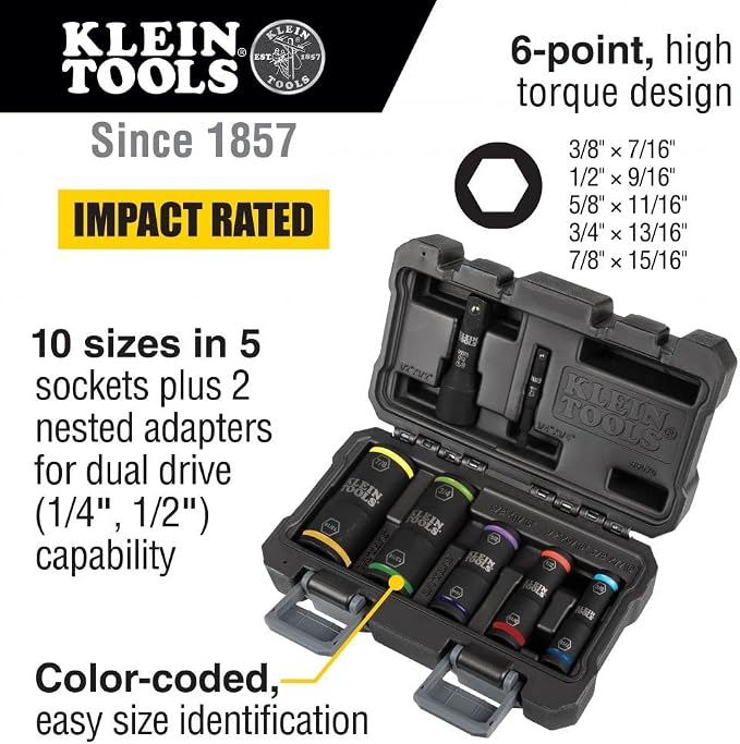 Klein Tools 66070 Impact Socket Set, Impact Driver Flip Socket, Five Sockets with 1/4-Inch Hex and 1/2-Inch Square Socket Adapters, 7-Piece