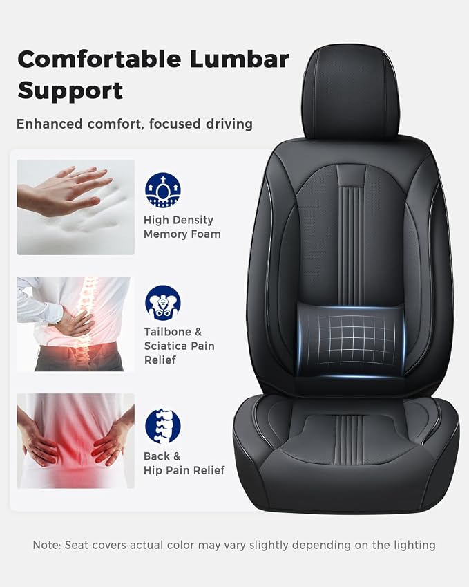 Huidasource Seat Covers, Car Seat Covers Nappa Leather with Lumbar Support, Side Elastic Fabric, Velcro Adjustable, Airbag, Ventilation Heating Child Seat Universal Fit for Most Cars SUV Trucks, Black
