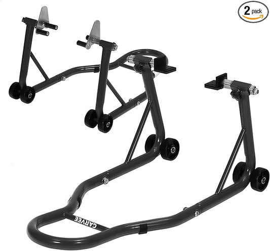 Garvee Motorcycle Stands Front and Rear, 900 LB Heavy Duty Front & Rear Wheel Lift Combo with Prong Adapters+L Adjustable Swingarm Spool, Universal Paddock Stands for Most Motorcycles, Black
