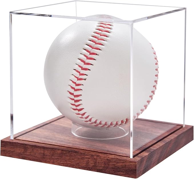 LITY Baseball Display Case, No Assembly Required Clear Cube Tennis Ball Holder with Solid Wooden Base, Autograph Baseball Stand Box for Single Ball (1 Pack)