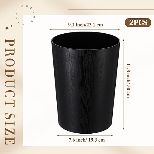 Threehoney 2 Pack 2.3 Gallons Wood Trash Can Wastebasket Natural Wood Round Wastebasket Small Trash Bin for Home, Office Under Desk, Kitchen, Bedroom, Hotel, Room(Black,Flat)