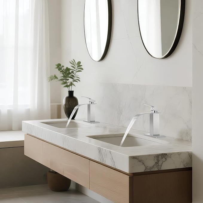 Brushed Nickel Bathroom Faucets *2, Waterfall Bathroom Sink Faucet Modern Single Handle Bathroom Faucte 1 or 3 Hole, RV Mixer Tap Vanity Faucet - Includes Pop-up Drain