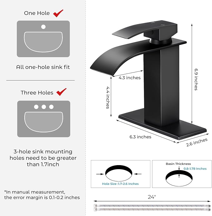 Matte Black Bathroom Faucets, Waterfall Bathroom Sink Faucet Modern Single Handle Bathroom Faucte 1 or 3 Hole, RV Mixer Tap Vanity Faucet - Includes Supply Hoses Deck Plate