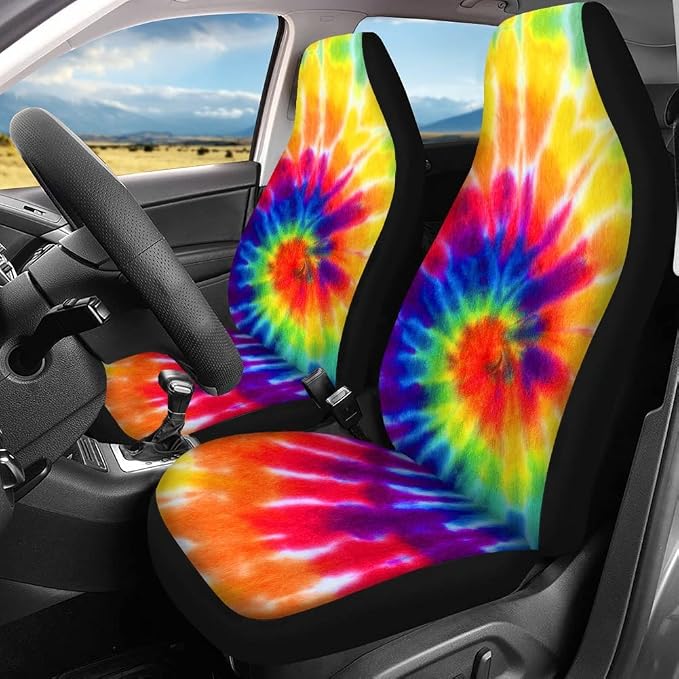 BIGCARJOB 12 Pack Tie Dye Car Accessories for Womens Gifts,Include Tie Dye Printed Car Seat Covers Back Seat Protector Pet Dog Pads,Steering Wheel Cover, Armrest Cover, Seat Belt Pads Cover,Coasters
