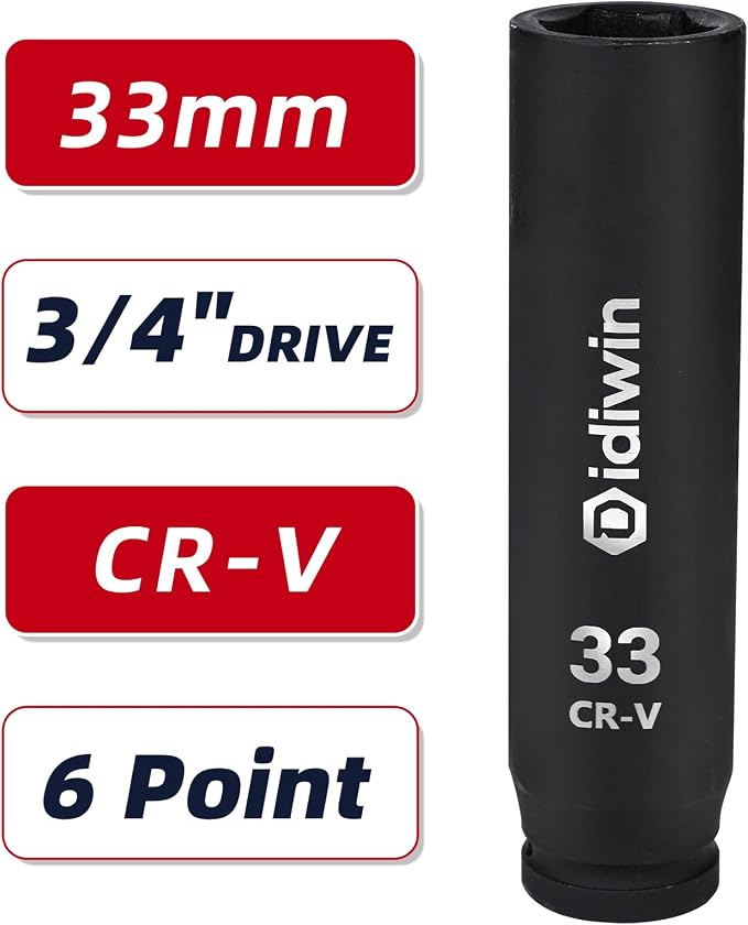 3/4" Drive 33mm Extra Deep Impact Socket, 8" (200mm) Long, 6-Point for Truck, Trailer, and Tractor Wheel Nuts, Heat Treated Cr-V Alloy Steel, One-Piece Forged, Radius corner design