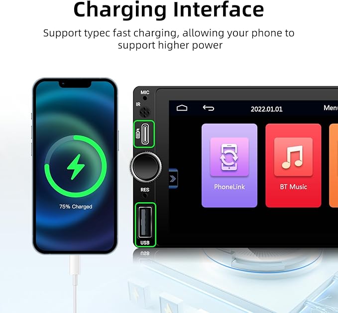 【Type-C&USB】 Single-Din-Car-Radio with Wireless-Apple-Carplay & Android-Auto,Carplay Screen for Car,6.86 Inch Touchscreen,Bluetooth Handsfree, Backup Camera, FM Radio