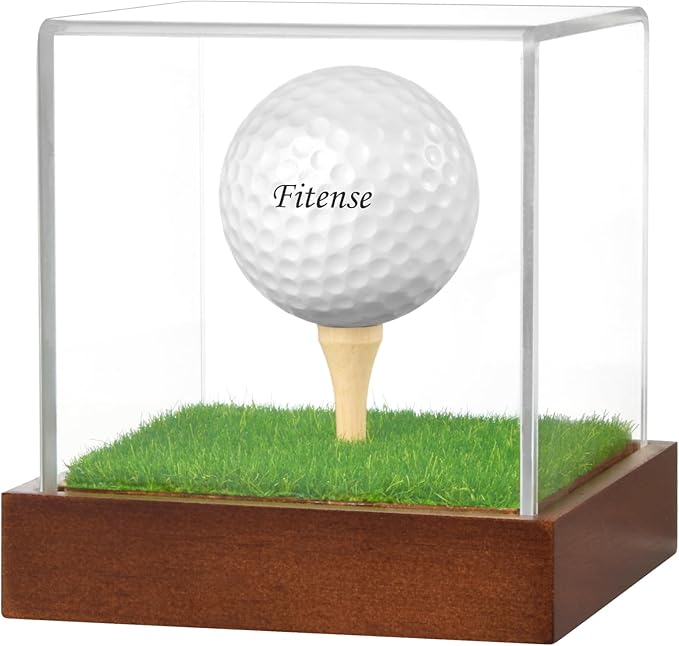 Fitense Golf Ball Display Case - Clear Acrylic Cube with Solid Wood Base & Tee, Anti-Dust Transparent Holder for Single Golf Ball, Ideal for Collectibles, Souvenirs & Gifts, Display Special Golf Balls
