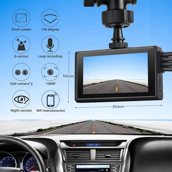 VSYSTO 3CH WiFi Truck Dash Cam, 3" LCD Screen HD 1080P Front & 720P Sides Backup Camera, Waterproof Infrared Night Vision Lens DVR for Semi Trailer Van Tractor Car Vehicle RV, G-Sensor Loop Recording