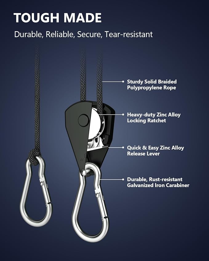 VIPARSPECTRA Retractable Heavy Duty Ratchet Tie Down Straps [4 Pack, 8ft, 75lbs/Pack], Rope Pulley System Rollers with Carabiner Hook for Kayak/Hanging Plants/Grow Light/Tents Various Tie-Down Uses