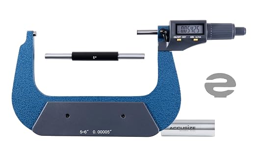 Accusize Industrial Tools Outside Micrometer, 5-6 in/125-150 mm, MD71-0006 | 2-Key Electronic Digital, Carbide-Tipped, Data Output, 0.00005 in Resolution