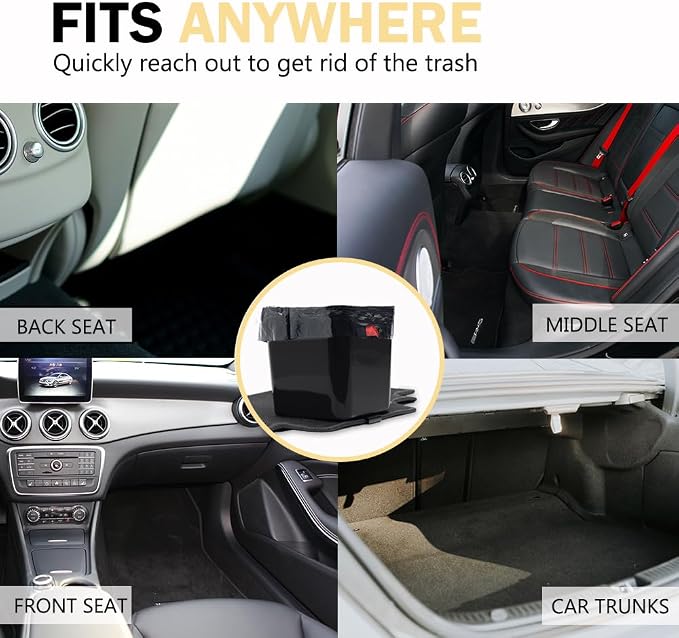 Black Car Trash Can Plus Trash Bag Bundle – Waterproof, w/Floor Mat Clip, Leakproof Build, Portable – Includes 1 Roll Inside + 6 Extra Roll (140pcs Total) – Black, Large – for Cars, SUV, &