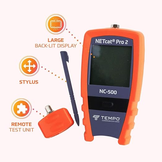 TEMPO NC-500 Digital Cable Tester for Voice, Data, Video, Coax, Etherne, Step TDR Wiring Troubleshooter, POE CAT5 CAT5e CAT6 Coax STP UTP (Professional Grade)