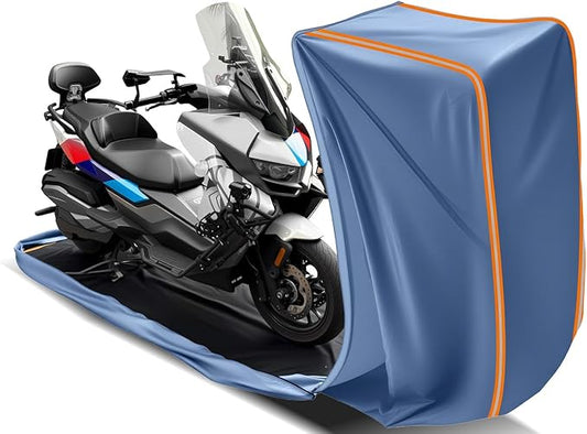 Full Enclosed Large Motorcycle Cover Waterproof Outdoor/Indoor Storage Waterproof Motorcycle Cover Heavy Duty with Reflective Strips Fits Motorcycles Length up to 118" with Side+Top Box