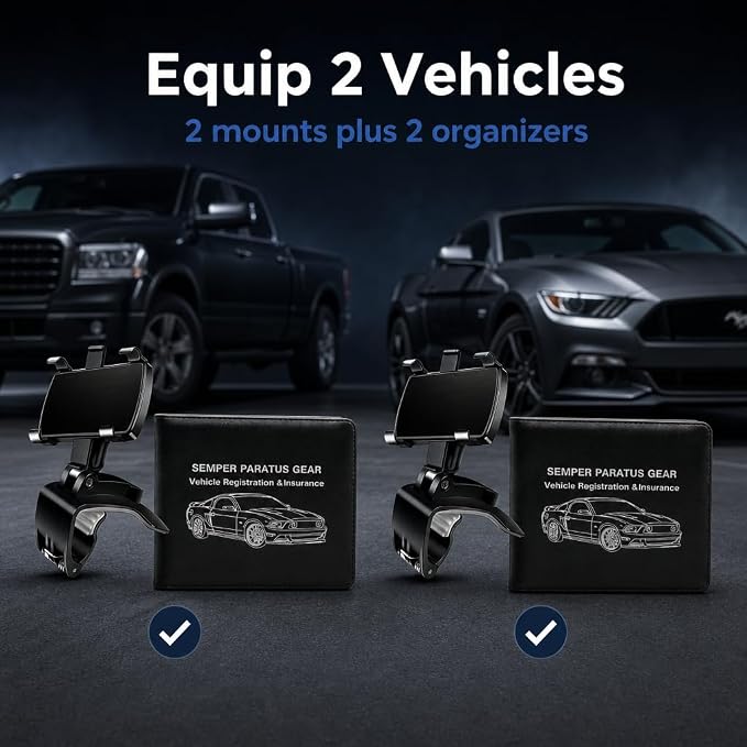 Semper Paratus Gear Car Accessory Bundle – Two Dashboard Phone Mounts & Two Vehicle Registration Holders – Anti-Slip HUD Cell Phone Clip with Vehicle Registration Document Organizer – 4-Pack Set