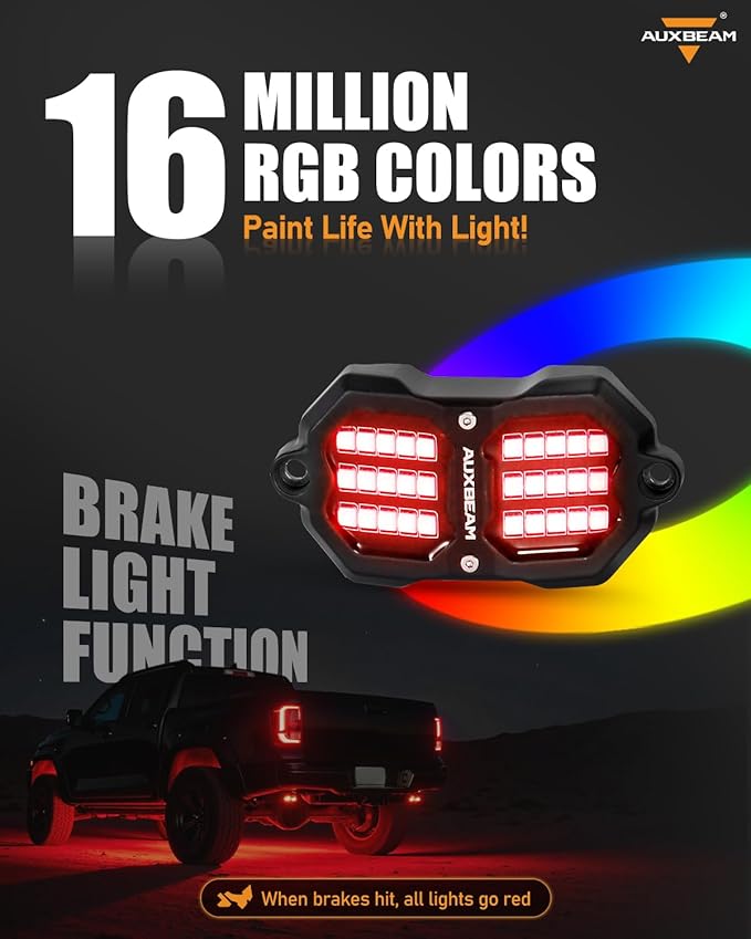 Auxbeam 8 Pods Chasing Color RGB LED Rock Lights, Bluetooth APP&Remote Control, Wheel Well Lights w/Brake Mode, Music&Voice Sync Underglow for Trucks Offroads RVs Boats Waterproof, 2-Year Warranty