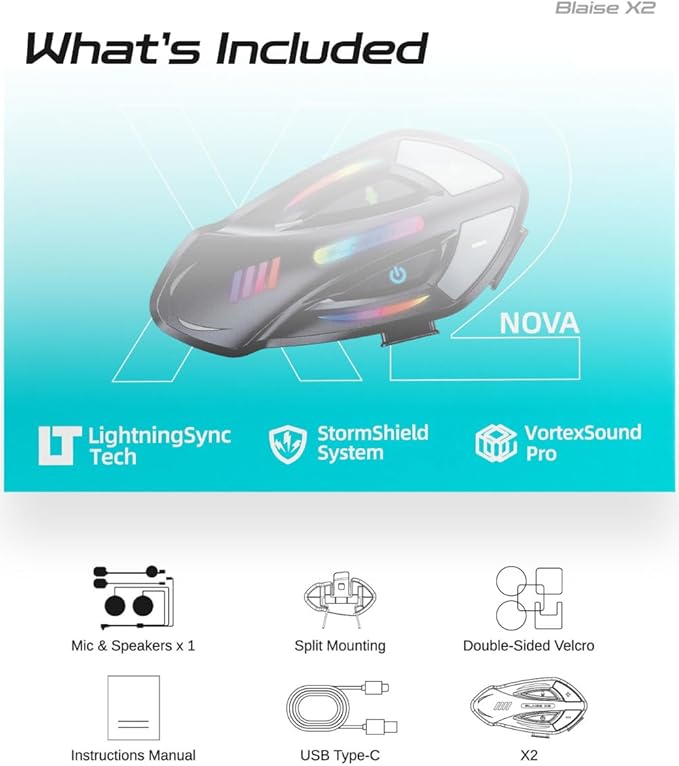 Blaise X2 Motorcycle Intercom 2 Rider Helmet Communication System Motorcycle Helmet Bluetooth Headset Music Sharing Voice Control IP66 Waterproof 15 Lighting Models (Single Pack-Blue Green)