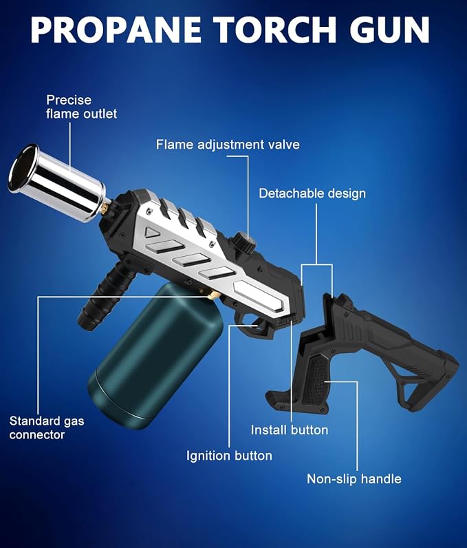 Powerful Propane Torch with Detachable Design, Kitchen Blow Torch Gun with Adjustable Flame, Torch Burner Flamethrower for BBQ, Charcoal Lighter, Campfire, Weeding (Tank Not Included)