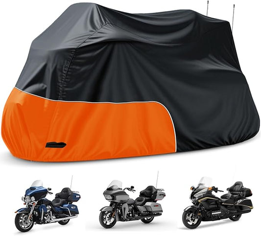 Motorcycle Cover Heavy Duty Waterproof, for Motorcycle with Side+Top Box, Compatible with Harley Davidson Ultra Ltd, Road Glide Ltd, Honda Goldwing, BMW, Indian Motorcycle Accessories, Black/Orange