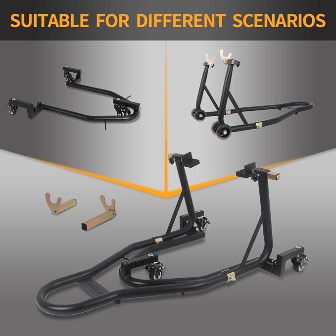 Universal Motorcycle Stand Paddock Rear Lift Combo Bike Wheel Fork Stands Motorcycles Swingarm Spool Adjustable Dismantable 360° Compatible Most for Yamaha Honda Kawasaki Suzuki Black