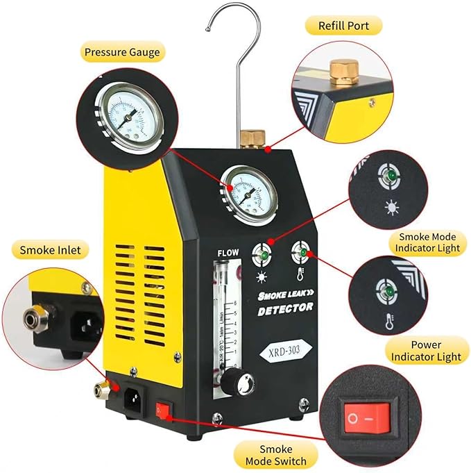 Smoke Machine Automotive with Built-In Air Pump and Pressure Gauge & Adjustable Flow Mete, Automotive Smoke Machine - 12V DC EVAP Smoke Machine for 12V Cars, Motorcycles, Trucks, Boats, ATVs