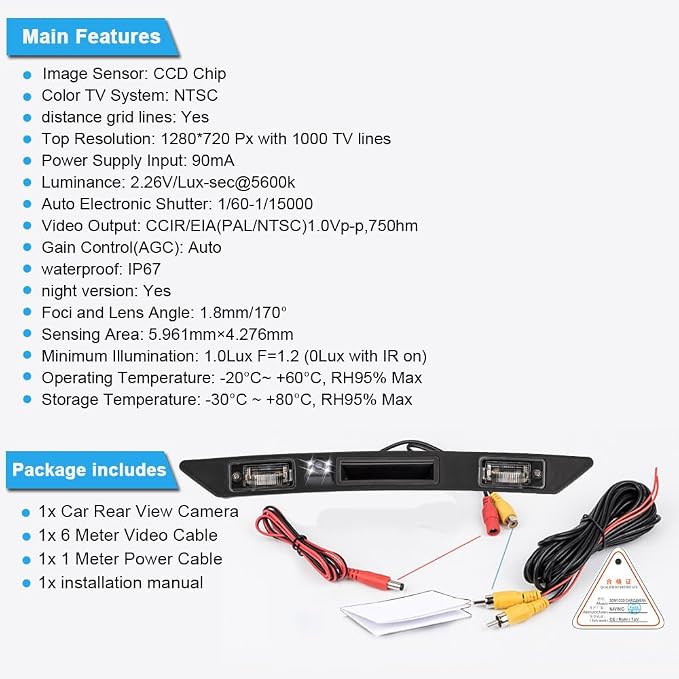 HD Auto 8LED 170° Wide Angle Rear View Reverse Trunk Handle Backup Camera Compatible with Audi A3 8P/8V 8PA S3 V6/A4 B7 S5/sedan/RS4/A5 RS5/A6 C6/A8 S8/Q7/RS3/S4/RS6/Seat Exeo 3R2/V W Plus RS (NO.C)
