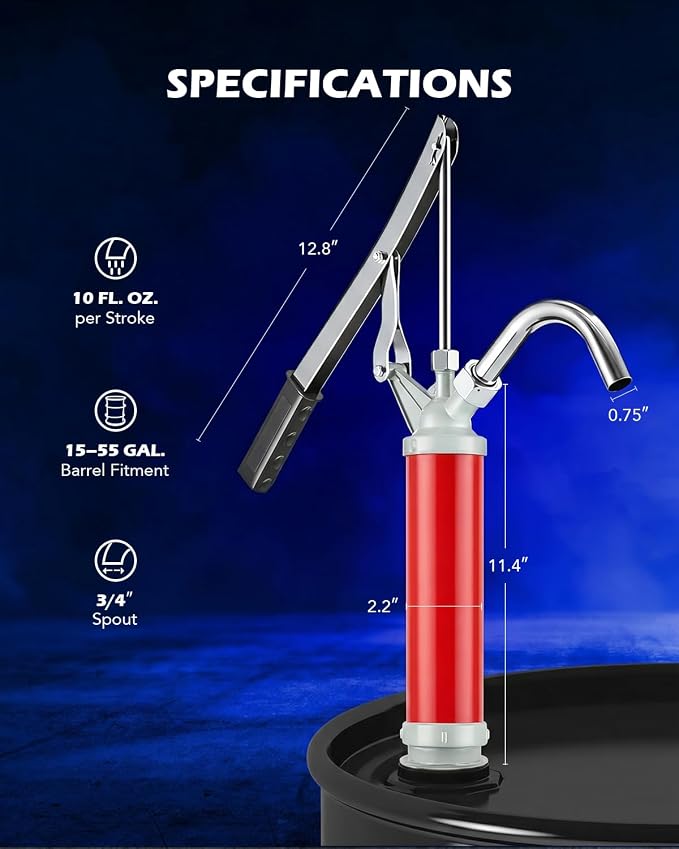 Orion Motor Tech Fuel Transfer Pump, Diesel Transfer Pump for 15 to 55gal Drums, Manual Oil Pump Extractor with Telescoping Suction Tube, Barrel Pump for Industrial Fluid Non Corrosive Fluid Motor Oil