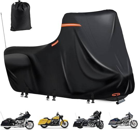 Motorcycle Covers Waterproof Outdoor Storage,600D Large Motorcycle Cover,Nano Silver Inner,fits Street Glide,Road Glide, Road King Special,Sports Motorcycle Cover,Side Box(118"X43.3"X56" Black)