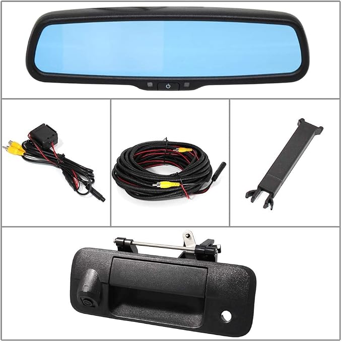 EWAY for Toyota Tundra 2007-2014 4.3" Rear View Mirror Monitor with Tailgate Handle Backup Camera Kit Parking Waterproof CCD Reverse Reversing Night Vision Car Safety Backing Auto Cameras