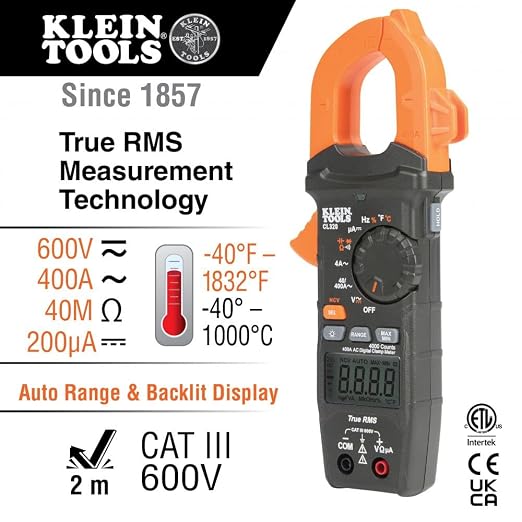 Klein Tools CL320 Digital Clamp Meter, HVAC AC Auto-ranging 400A & RT250 GFCI Outlet Tester with LCD Display, Electric Voltage Tester for Standard 3-Wire 120V Electrical Receptacles,Green/Red