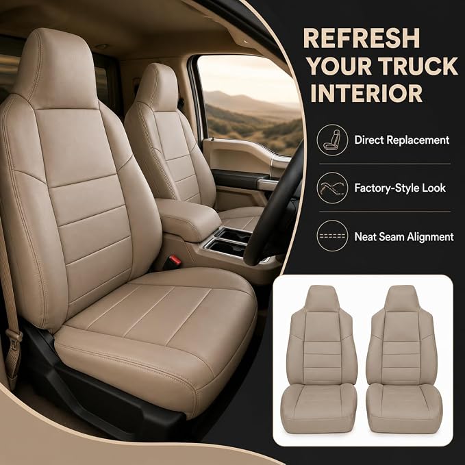NLQR Medium Parchment Tan Leather Driver & Passenger Side Bottom & Top Lean Back Replacement Microfiber LeatherSeat Covers fit for Ford F250 F350 F450 F550 Lariat 2002-2007 & Excursion 2002-2005