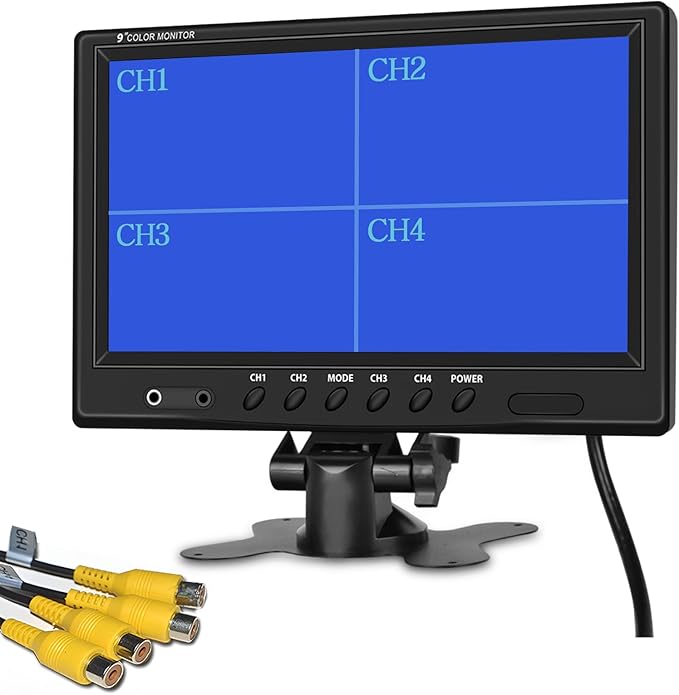 Hikity 9 Inch Backup Camera Monitor Only, Quad Split Screen, 4 Channels RCA Video Inputs HD Vehicle Rear View Reverse Color TFT LCD Display Screen for Car SUV Van Truck Pickup