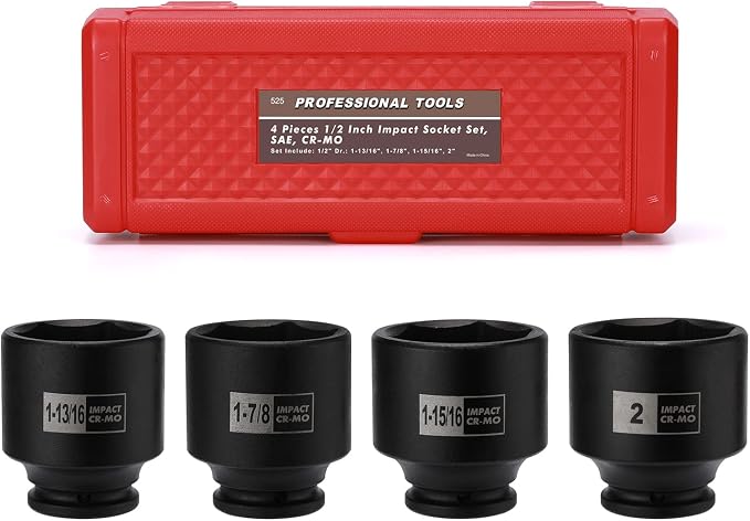 Mayouko 4PCS 1/2" Drive SAE Spindle Axle Nut Impact Socket Set, 1-13/16, 1-7/8, 1-15/16, 2 Inch, 6 Point, CR-MO, Standard
