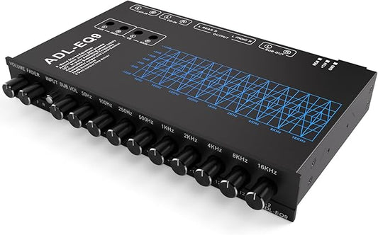 Facmogu 9-Band Car Audio Equalizer, Car Graphic Equalizer EQ W/Front, Rear + Sub Output, 8V RMS Line Driver, Adjustable Audio Output for Car, Boat, W/CD/AUX Input Select & White Light Illumination