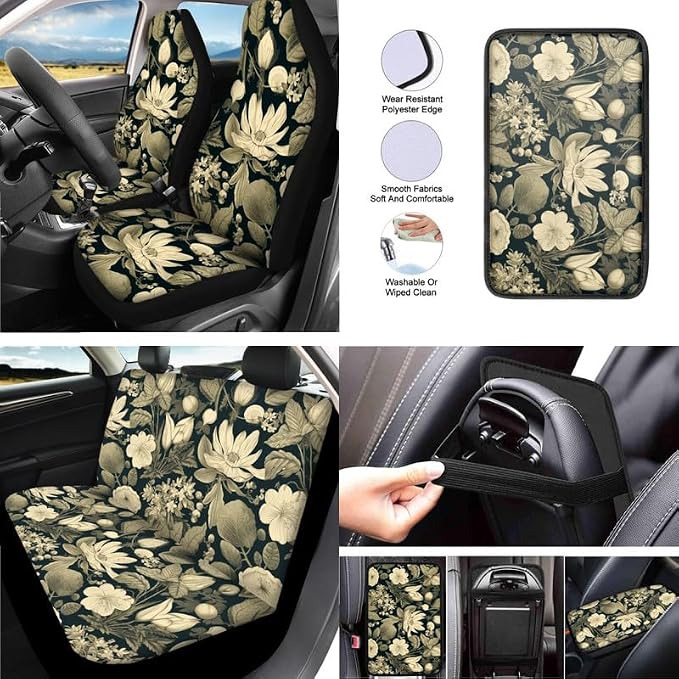 Retro Orchid Floral Print 13 Pcs Seat Covers Full Set Vintage Lotus Flower Painting Non Slip and Soft Headrest Cover Car Cup Pad Fit for Car,Truck,Van,SUV