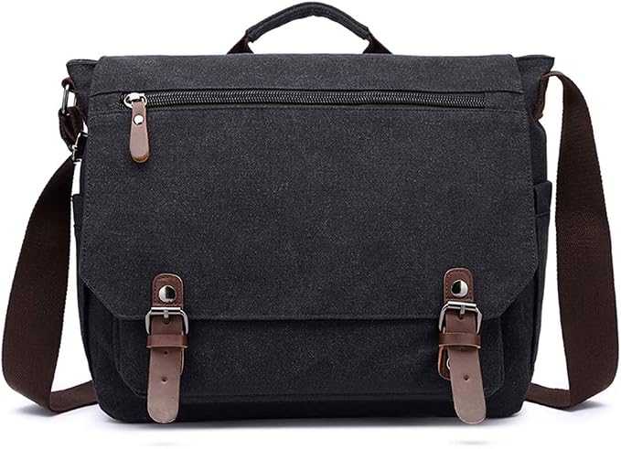 Vintage Genuine Leather Waxed Canvas Briefcase Large Satchel Shoulder Bag Rugged Computer 15.6" Laptop Bag