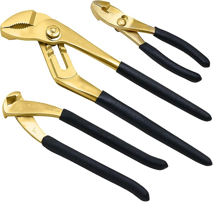 WEDO Brass Pliers Set with Non-Slip Handle - 10" Groove Joint, 6" Slip Joint, 7" End Cutting Pliers