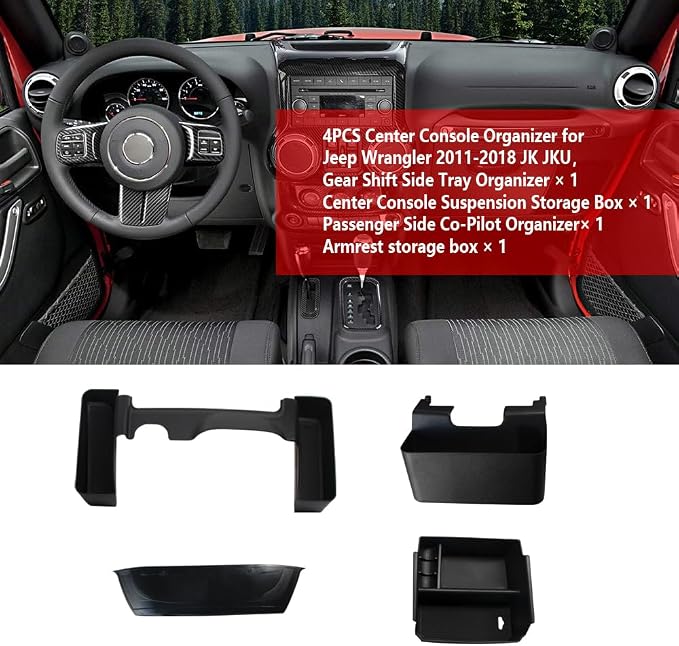 4PCS Center Console Organizer for Jeep Wrangler 2011-2018 JK JKU 2/4 Door, Gear Shift Console Side Tray Organizer, Passenger Side Co-Pilot Organizer, Hanging Armrest Storage Box