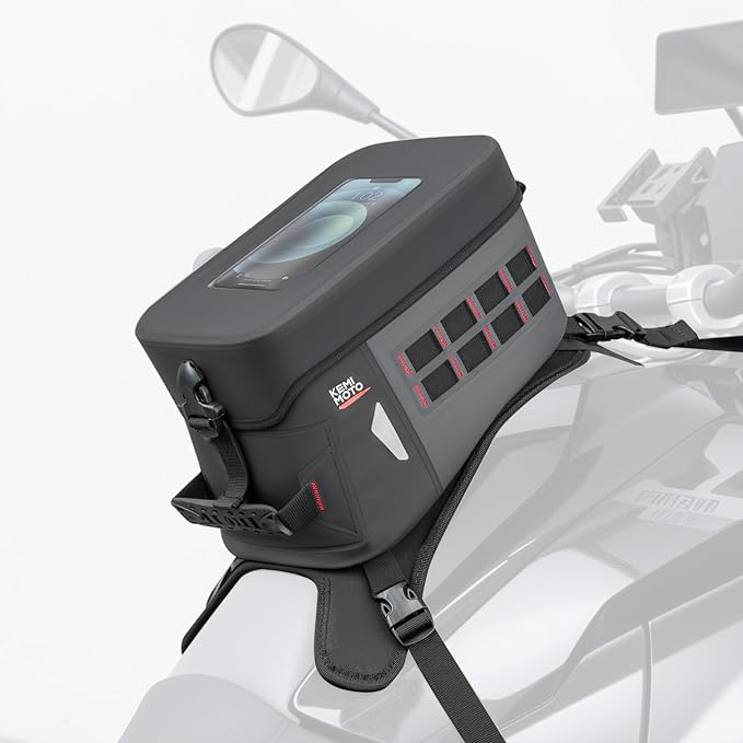 KEMIMOTO Motorcycle Tank Bag, PVC Waterproof Adventure Storage Tank Bag with Straps, High Sensitivity Touch Screen, Black 8L