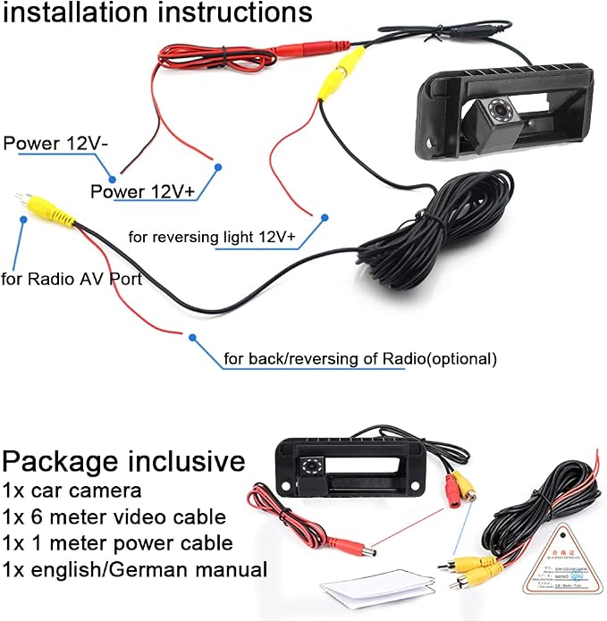 8LED 1280x720 Pixel car Rear View Backup Camera Reverse Parking Camera Replacement for Mercedes Benz W204 S204 C Class W212 C180 C200 C260 C300 Waterproof Night Vision