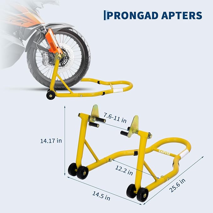 Garvee Motorcycle Stands Front and Rear, 900 LB Heavy Duty Front & Rear Wheel Lift Combo with Prong Adapters+L Adjustable Swingarm Spool, Universal Paddock Stands for Most Motorcycles, Yellow