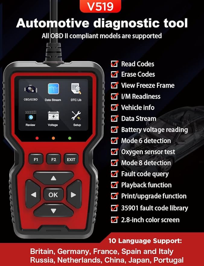 Outzone V519 OBD2 Scanner, Universal Car Code Reader with 2.8" Color Screen, 10 Languages & Print Function for All OBDII Vehicles – Check Engine Light & Live Data