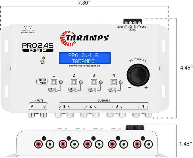 Taramps DSP Pro 2.4S White Crossover Full Digital Signal Car Audio Processor and Equalizer with Sequencer 15-Band Graphic Equalization 12 preset EQ, Remote Signal, Alignment, 2 Channel in and 4 Out