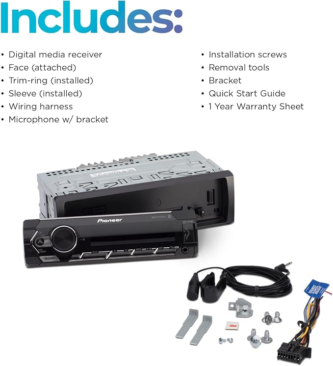 Pioneer MVH-S322BT 1-Din Digital Media Receiver – Bluetooth, USB, Color Change, FLAC, Voice Control, 50W x 4 Output, 13-Band EQ, AM/FM Radio, iPhone/Android Compatible, Front, Rear/SW Selectable RCA