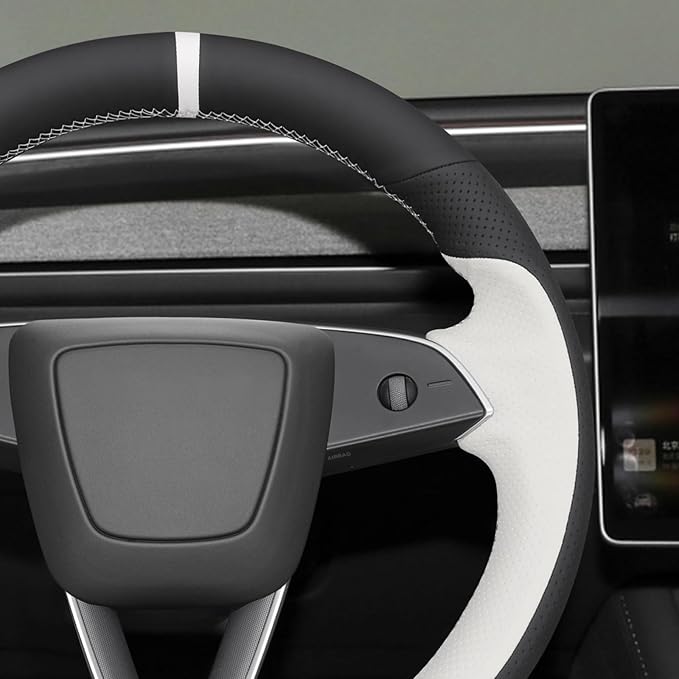 MEWANT Hand Stitch White Black Faux Leather Steering Wheel Cover Wrap for Tesla Model 3 Highland 2025 Model Y Juniper