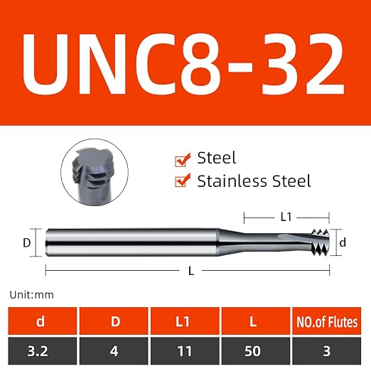 5pcs UNC8-32 Thread Mill Cutter Solid Carbide Coating for Steel Stainless