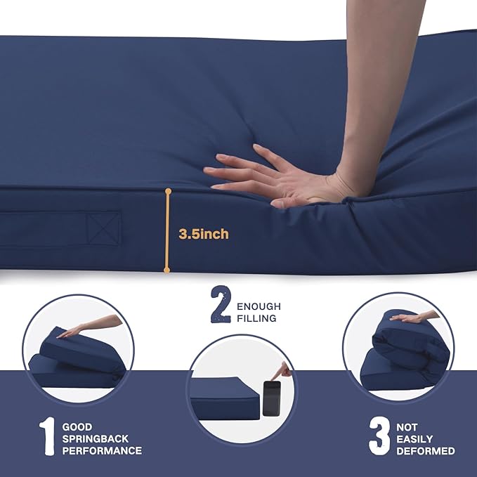 Outdoor Bench Cushion 48 x 18 x 4 Inch, Memory Foam Patio Bench Cushion for Outdoor Furniture Waterproof, Porch Swing Pad with Handle and Adjustable Strap, Navy