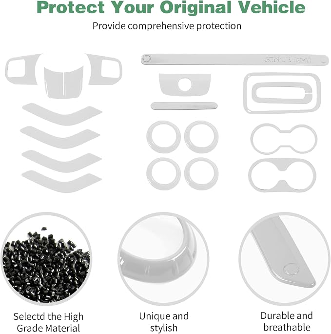 CheroCar 18PCS Interior Trim Kit for Jeep Wrangler JK JKU 2011-2018 4 Door,Steering Button Frame, Air Conditioning Vent Trim Cup Holder Cover,Gear Shift Knobs Frame,White,…